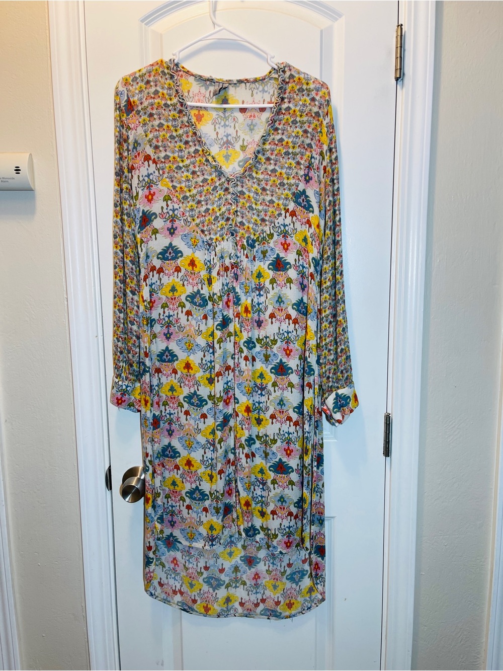 Boho Floral Long Sleeve Smocked V-Neck Dress in Yellow Multicolor
